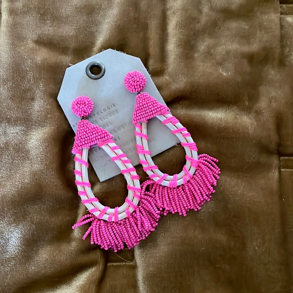 NWT Anthropologie Beaded Earrings Bright Pink